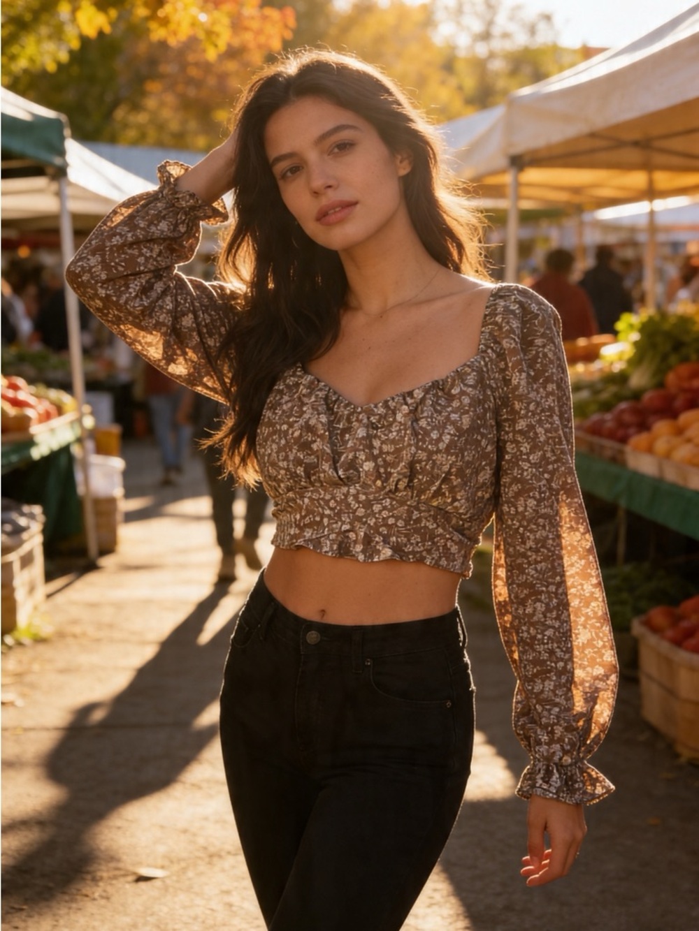 Altar'd State Brown Floral Smocked Crop Top Size Small